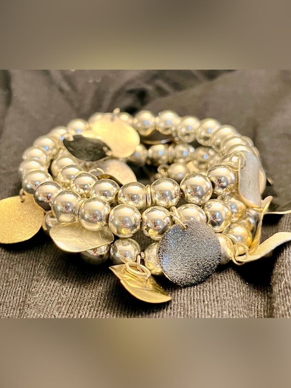 Vintage Mixed Metal Beaded Silver & Gold Tone Stretch Bracelet Goth Boho Punk